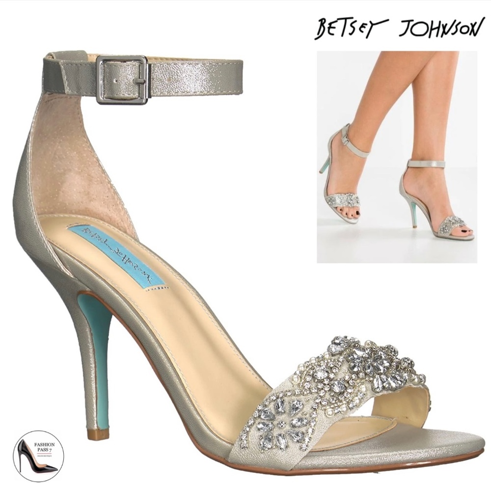 Betsey Johnson Gina Jeweled Ankle Strap Dress Sandals Silver Satin Stiletto Heel